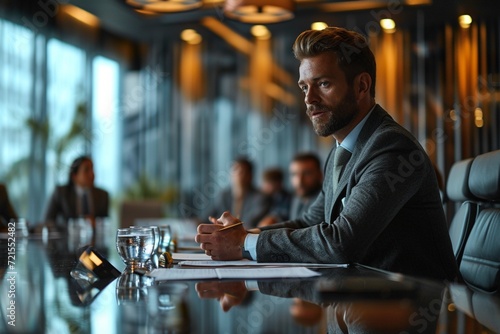 The essence of leadership as a businessman guides his team through a coaching session in a stylish boardroom with state-of-the-art presentation technology.