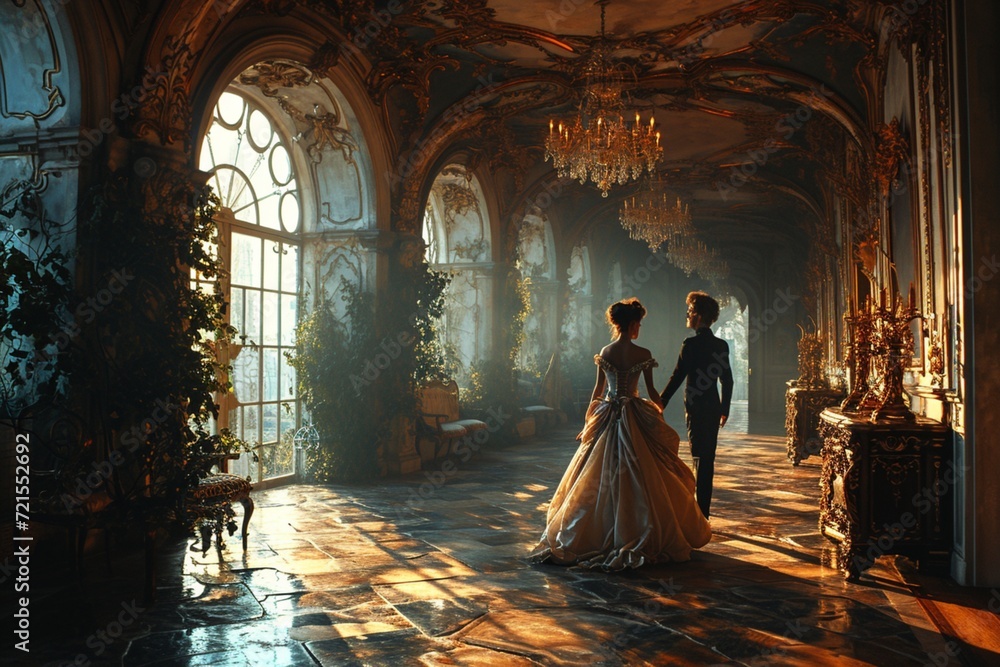 The magic of a masquerade ball captured in a moment, with a young dancing couple gracefully gliding across a glamorous ballroom.