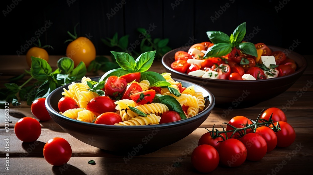 A bowl of multicolored raw spiral pasta that has fresh red tomatoes and garlic.