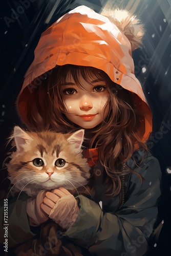 cute girl holding her cute cat in digital draw
