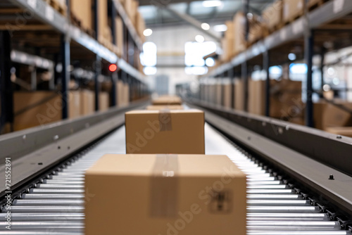 Packages on the conveyor belt of a warehouse, package shipping logistics concept © Dennis