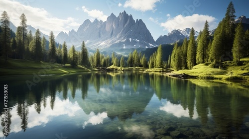 A breathtaking panoramic shot of a lake that is surrounded by lush green mountains