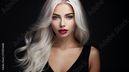 A fashion model is posing against a black wall in a close-up portrait while wearing long white hair and red lips.