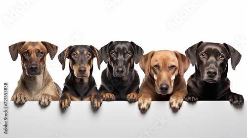 A group of dogs looking up isolated on white can be seen from behind