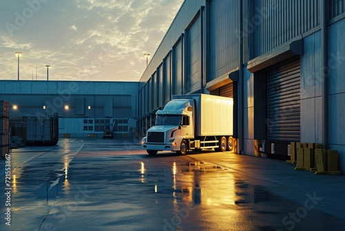 A truck leaving a loading area of a modern factory after raining. Warehouse loading area. Logistics ad delivery concepts. Clouds at sunset