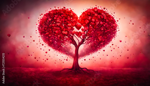 Love tree red heart shaped tree, heart red valentine tree meadow sky isolated, valentines day concept with red hearts,  red tree with shape of heart in filed, Valentine tree, love, leaf from hearts © Stock PNG & Vector