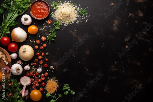 AI generative masterpiece: A pizza with pepperoni, mushrooms, tomatoes, and garlic. Matte black background, kintsugi style, lively tableaus. Delicate still-lifes on distressed materials, maroon photo