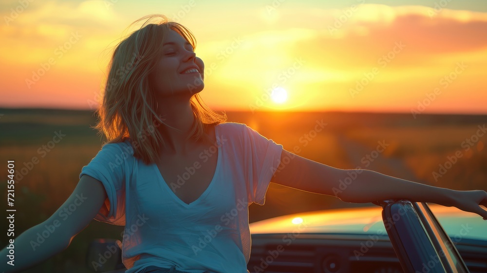 Portrait and close up of one young blonde attractive woman sitting on car looking and enjoying sunset opening arms.