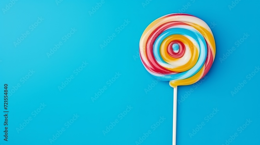 A party accessory that is delicious and appetizing, a sweet swirl candy lollypop on a blue background with a top view. A party accessory that is delicious and appetizing, a sweet swirl candy lollypop on a blue background with a top view.