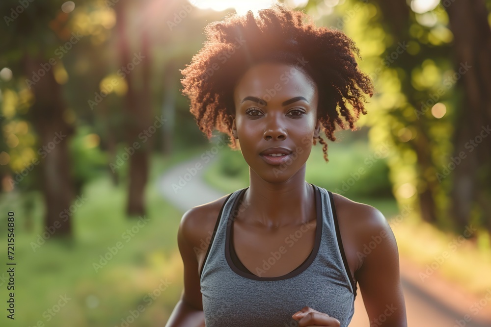 Handsome african american sportswoman running in the park Handsome african american sportswoman running in the park
