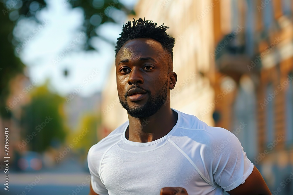 Fototapeta premium Handsome african american sportsman running at the street