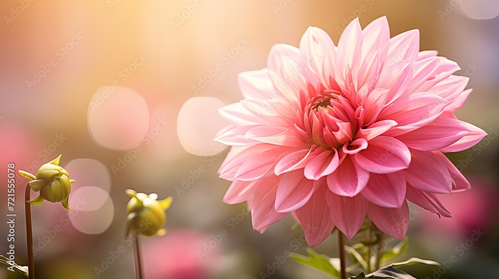 A pink flower in the middle of a defocused background.