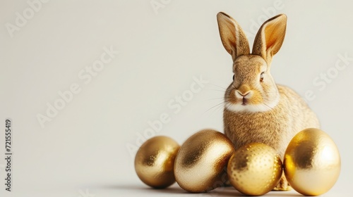 Stylish golden eggs easter concept. Easter gold eggs with golden rabbit white background. Flat lay trendy easter.