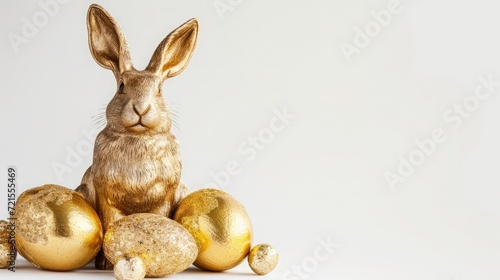 Stylish golden eggs easter concept. Easter gold eggs with golden rabbit white background. Flat lay trendy easter.