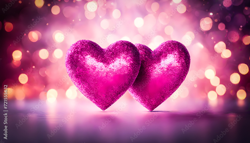 Two Beautiful Glitter Hearts, Valentines day Background of two heart shape love,  glitter heart in shiny background, heart shape with bokeh background, Abstract Defocused Valentines Card with heart