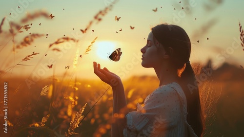 The girl frees the butterfly from moment Concept of freedom © buraratn