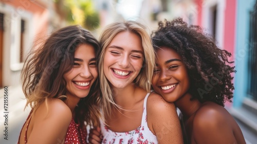 Three young multiracial women having fun on city street outdoors Mixed race female friends enjoying a holiday day out together