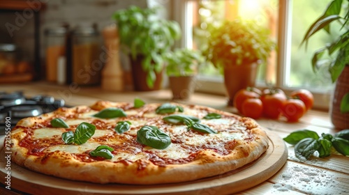 Traditional Margherita pizza adorned with fresh basil leaves on wooden kitchen countertop. Bright, sunny kitchen with a large window in a cozy country house.