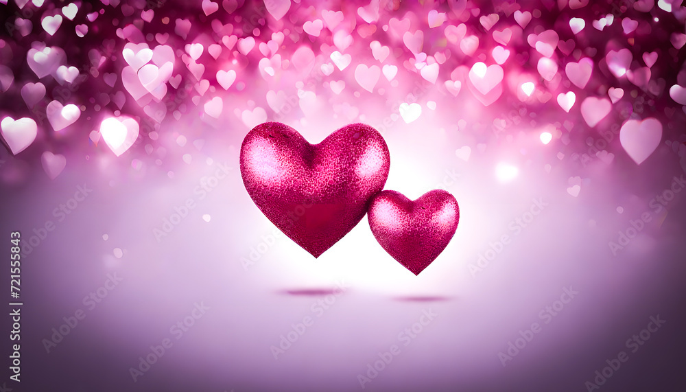 Two Beautiful Glitter Hearts, Valentines day Background of two heart shape love,  glitter heart in shiny background, heart shape with bokeh background, Abstract Defocused Valentines Card with heart