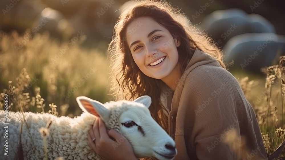 A sheep is being pecked by a woman shepherd in full view. A sheep is being pecked by a woman shepherd in full view.