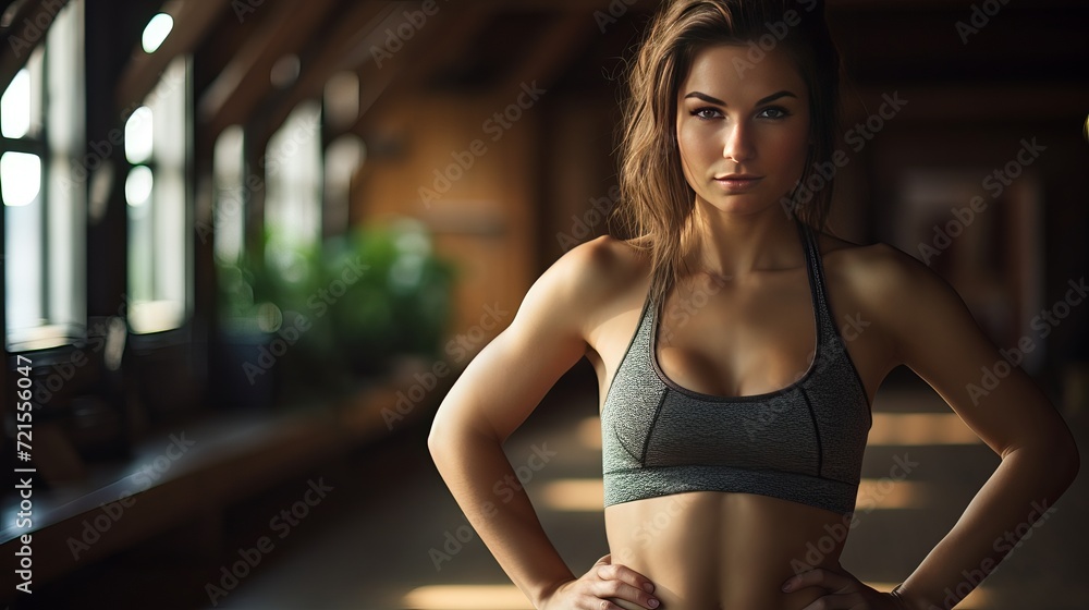 A slim and beautiful brunette is doing some stretching exercises at the gym. A slim and beautiful brunette is doing some stretching exercises at the gym.