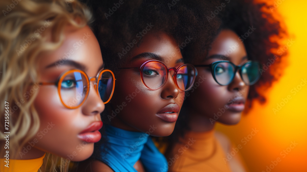 A fashionable trio of young women with glasses, showcasing vibrant style and confident beauty in a colorful, close-up portrait. A fashionable trio of young women with glasses, showcasing vibrant style and confident beauty in a colorful, close-up portrait.