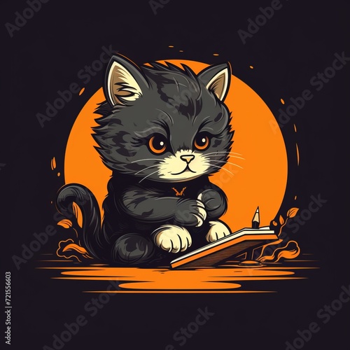 vector drawing cat reading a book