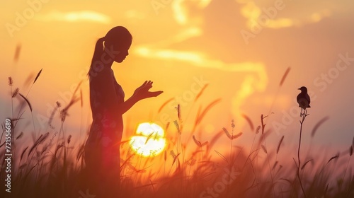 Woman praying and free bird enjoying nature on sunset background, hope concept