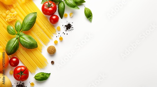 A white background is used for an italian food concept and menu design that includes pasta and ingredients.