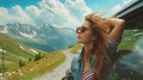 Young beautiful woman traveling by car in the mountains, summer vacation and adventur