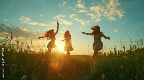 Young women are having fun on the green field in the evening.