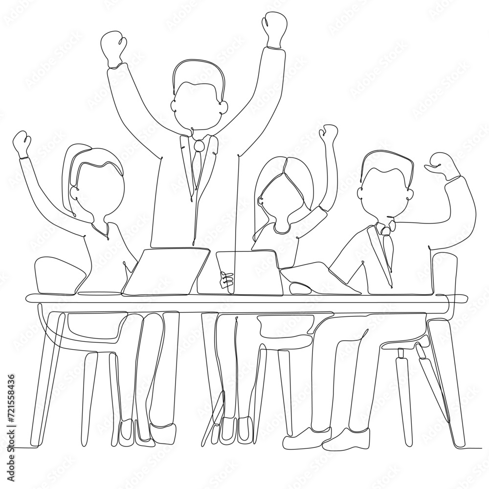 Group of single line drawing of happy young businessmen and entrepreneurs giving thumbs up gesture together. Business meeting concept. Continuous line draw design vector illustration