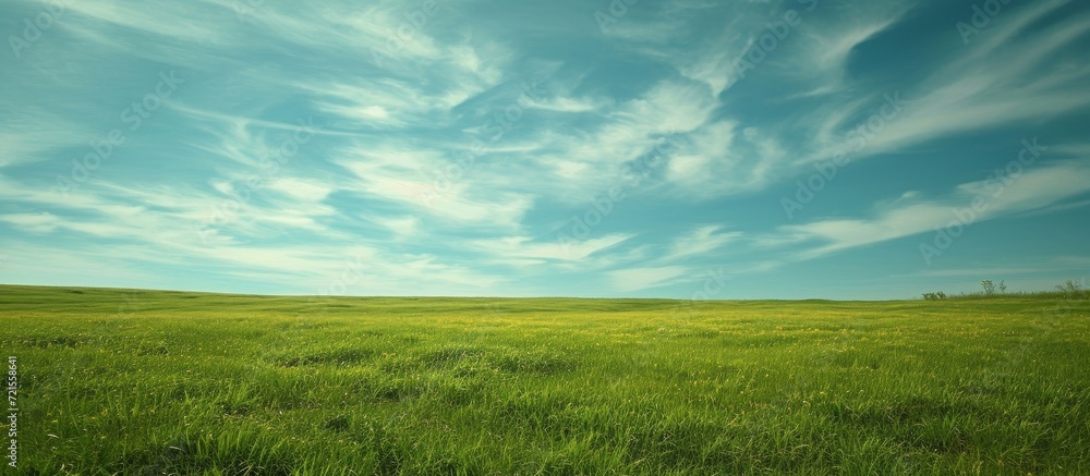 Green Grassland and Sky: A Captivating Background of Verdant Fields and Serene Atmosphere for Mesmerizing Visuals - obrazy, fototapety, plakaty 