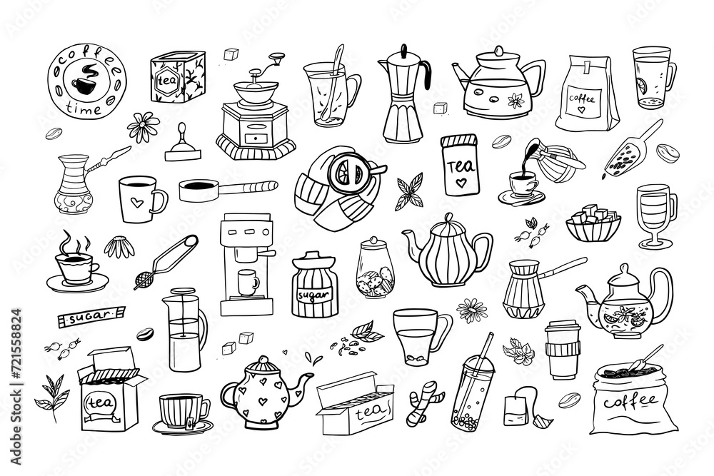 Set of hand drawn coffee and tea theme elements in doodle style. Coffee time. Tea shop. Vector illustration EPS10. Isolated on white background