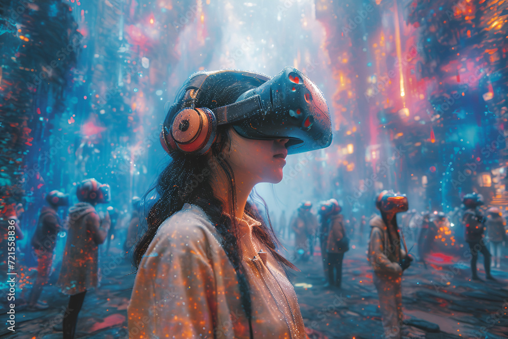 Virtual reality explorers in a fantastical digital landscape with colorful avatars. Created with generative AI.