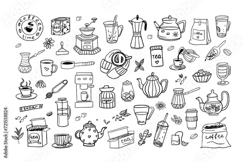 Set of hand drawn coffee and tea theme elements in doodle style. Coffee time. Tea shop. Vector illustration EPS10. Isolated on white background photo