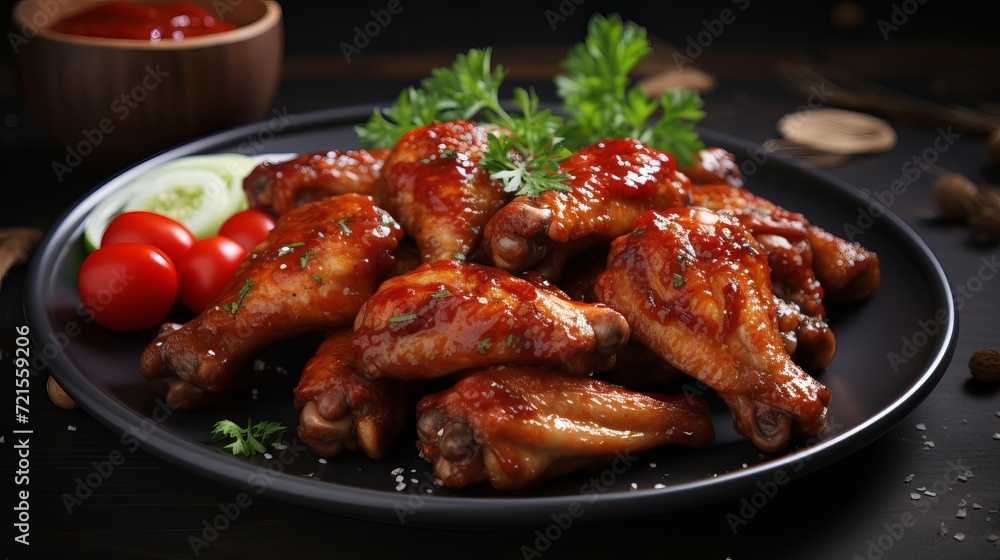 Baked chicken wings with an asian twist and tomato sauce served on a plate.