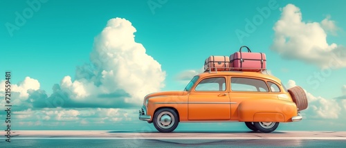 Orange retro car with luggage on the roof ready for summer travel 3D Rendering, 3D Illustration