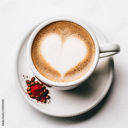 A Perfect Cup of Coffee with a Heart-Shaped Foam Art, Surrounded by Scattered Coffee Beans and a Touch of Love