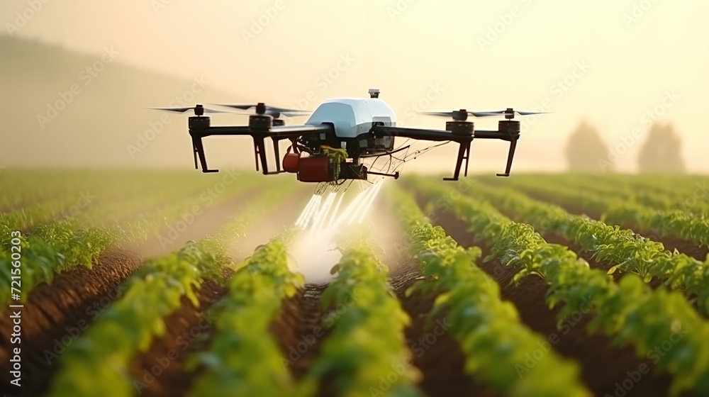 In agriculture technology and farm automation, drones are used to spray fertilizer on vegetable green plants.