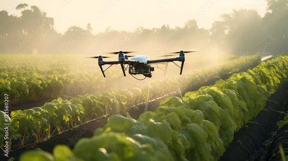 In agriculture technology and farm automation, drones are used to spray fertilizer on vegetable green plants.