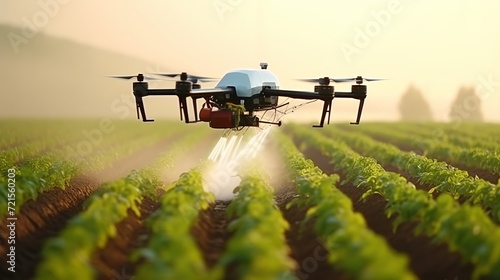 In agriculture technology and farm automation, drones are used to spray fertilizer on vegetable green plants. © Elchin Abilov