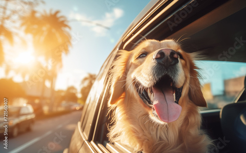 Beautiful sunset golden hour light photo of smiling Golden Retriever cute dog with pink tongue during evening car tour with open window. Lovely pets, animals and transportation concept photo.
