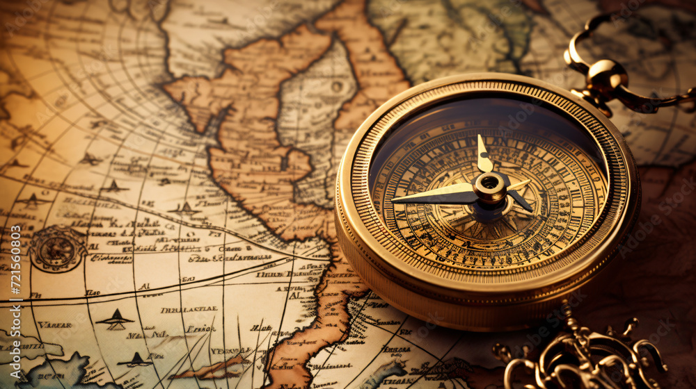 Retro compass on ancient world map
