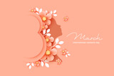 8 March.  International Women's Day greeting card. Paper art beige, peachy flowers, leaves, woman silhouette. 