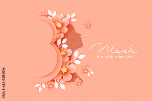 8 March.  International Women's Day greeting card. Paper art beige, peachy flowers, leaves, woman silhouette.  photo