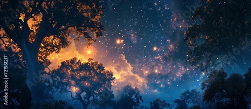 Enchanted Night: Majestic Sky, Mystical Trees, and a Tapestry of Stars Illuminate the Night Sky, Trees, and Stars