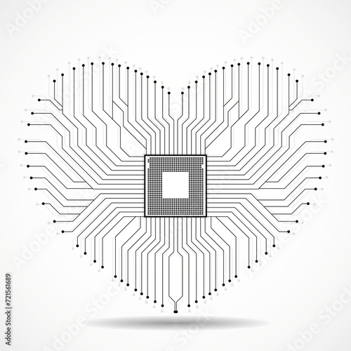 Abstract electronic circuit board in shape of heart, technology background, vector illustration