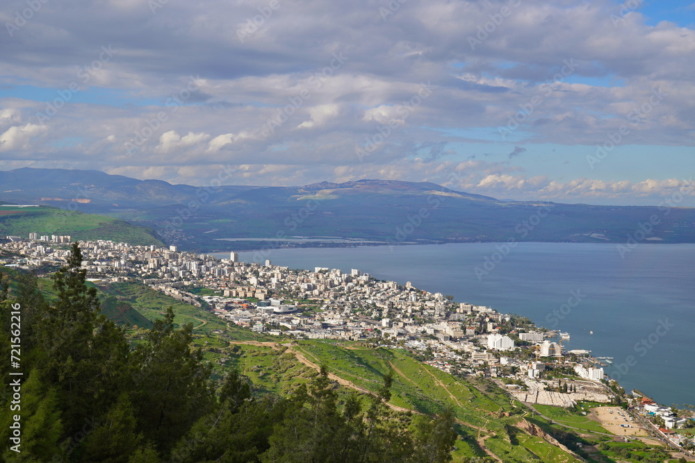 view of Tiberias on the shores of the Sea of Galilee or Kinneret lake in northern Israel