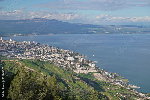 view of Tiberias on the shores of the Sea of Galilee or Kinneret lake in northern Israel photo